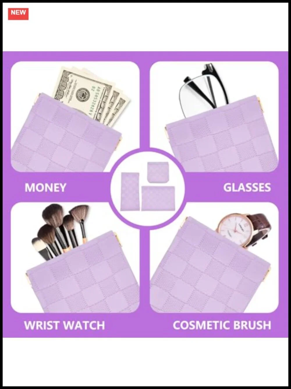 3pc Leather Cosmetic Bags Set Checkered Snap Closure Travel Organizer Pouch